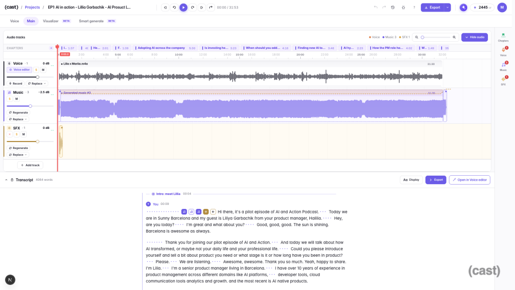 01-editor-overview – Mubert Screenshot of a podcast editor interface (Cast) with a timeline and multiple tracks: Voice, Music, and SFX, waveform views, and a transcript pane on the right.