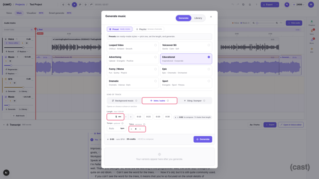 Modal titled Generate music with preset options (Educational highlighted). Shows length and tempo controls at bottom; background is a timeline editor with tracks and audio waves.