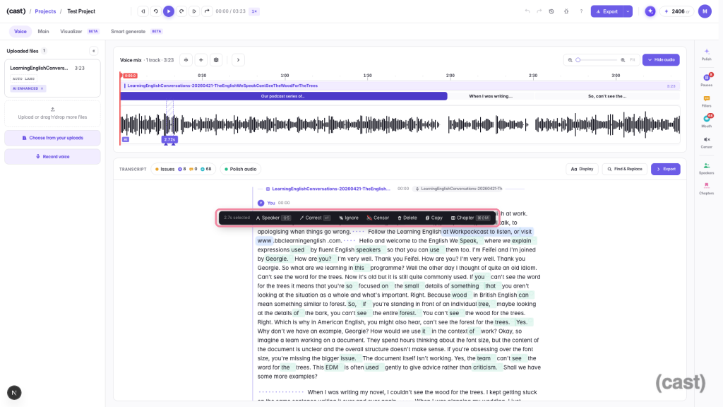02-transcript-cut – Mubert Screenshot of a podcast editing tool showing waveform, transcript, and highlighted word selections on a playback timeline