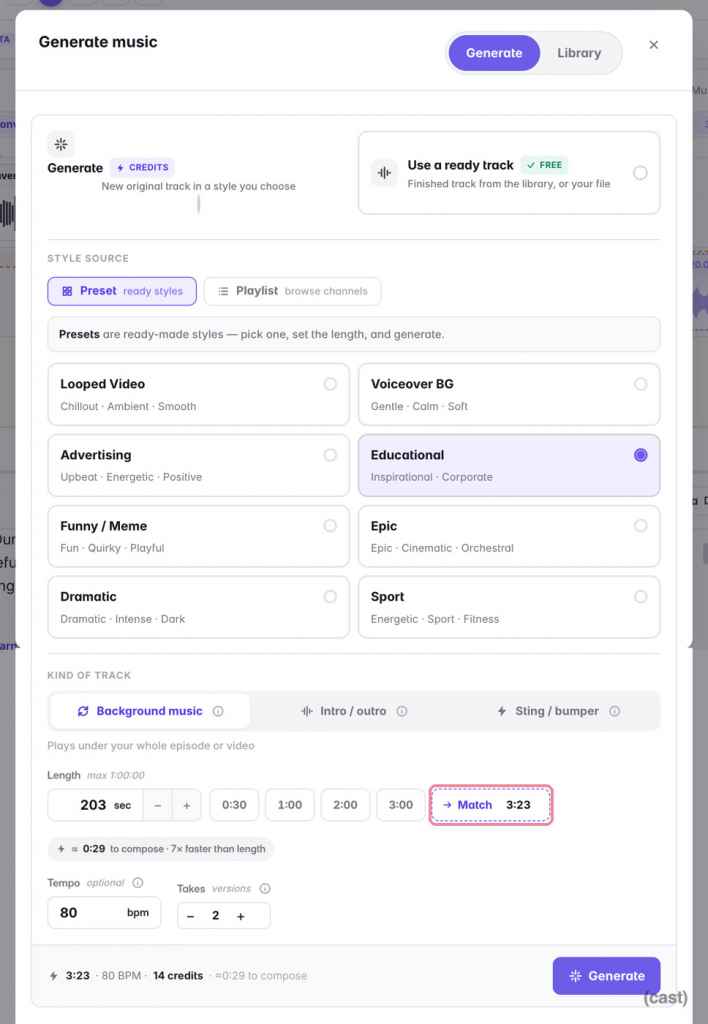 Modal titled Generate music with presets like Educational selected, showing track options and length controls, and a Generate button on the bottom right.