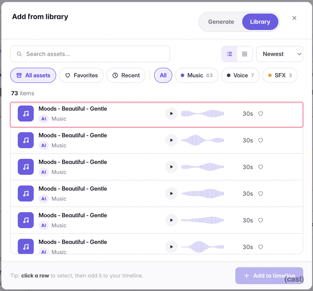 Library panel to add assets: search bar, filter chips, and a list of music items with play buttons (e.g., 'Moods - Beautiful - Gentle').
