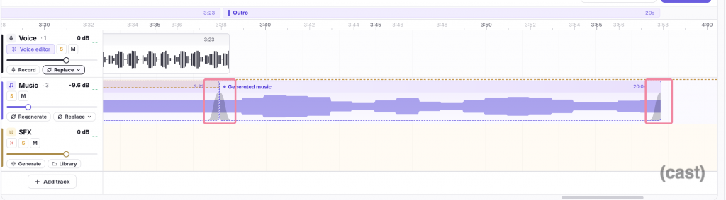 Audio editing timeline with Voice, Music, and SFX tracks; a 'Generated music' region is displayed on the Music track with selection handles.