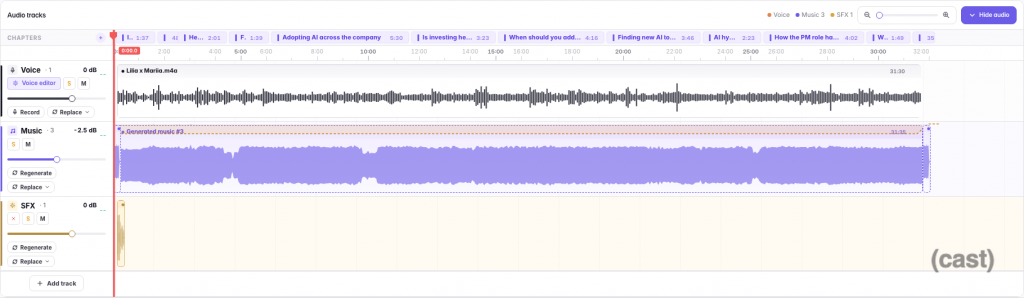 05-music-ducking – Mubert Screenshot of an audio editing workspace with multiple tracks (Voice, Music, SFX) and waveforms across a timeline, showing track controls on the left and a playhead at the start.
