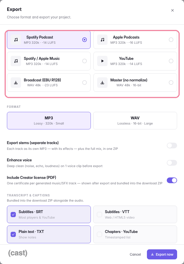 06-export-presets – Mubert Export dialog: MP3 format selected for Spotify Podcast (purple highlight); other presets shown (Apple Podcasts, Spotify/Apple Music, YouTube, Broadcast, Master). Subtitles - SRT and Plain text - TXT selected; Export now button bottom-right.