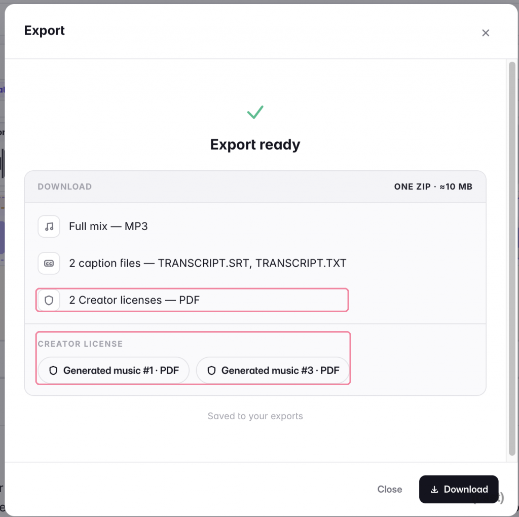 Export dialog with'Export ready' status and download options: Full mix MP3; 2 caption files (SRT, TXT); 2 creator licenses PDFs; generated music PDFs listed below.