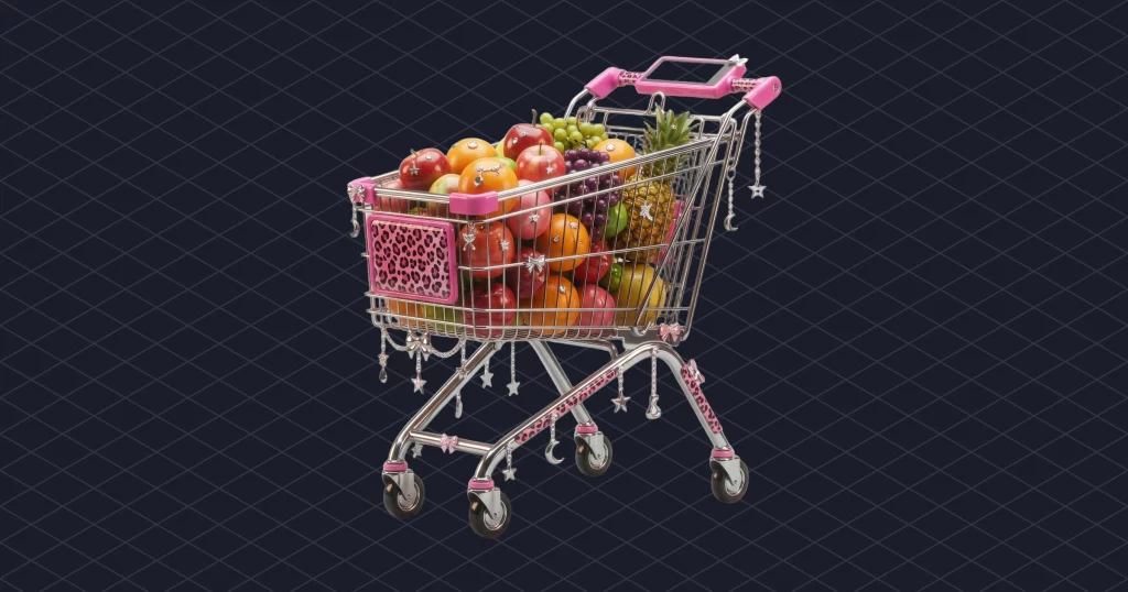 Chrome supermarket shopping trolley full of glossy fruit