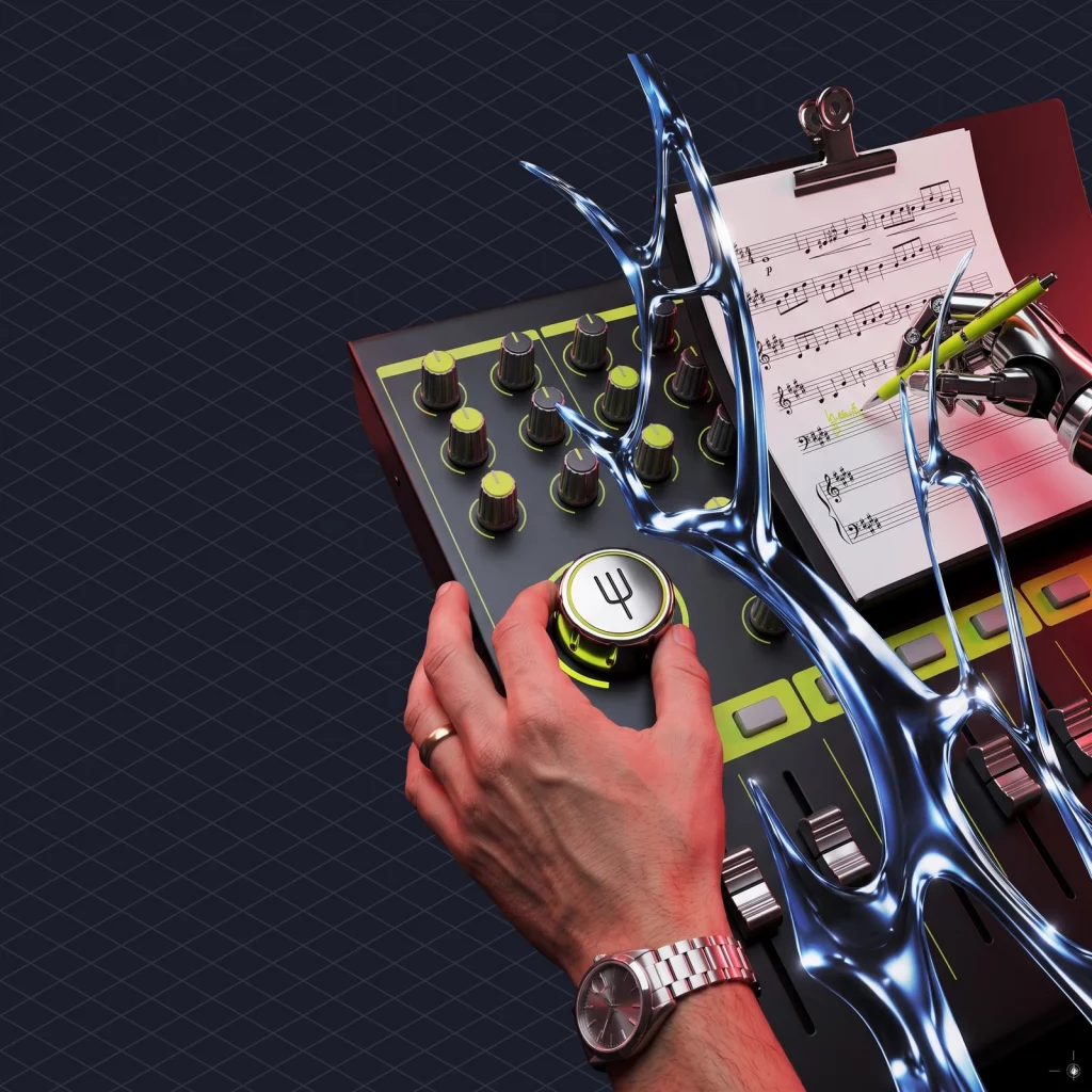 YouTube Music AI Labels Arrive Songs Made Mostly by AI Now Wear a Badge illustration 2 dark – Mubert Sound engineer happily pressing a pitch-correction knob on a mixing desk while a giant robot arm next to him writes the whole song on sheet music, the engineer not noticing