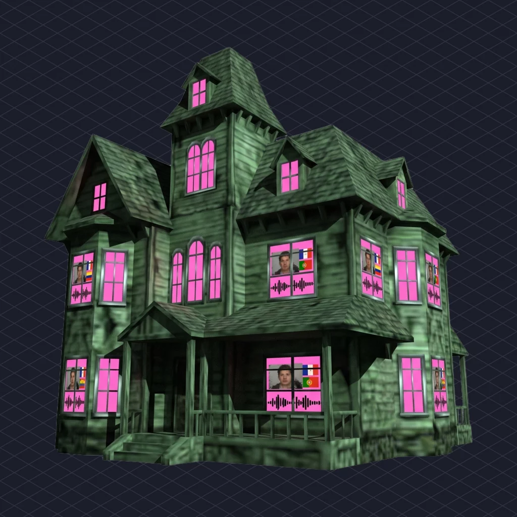 Haunted house with every window showing the same identical video thumbnail and the same audio waveform, as if every house on the street used one track