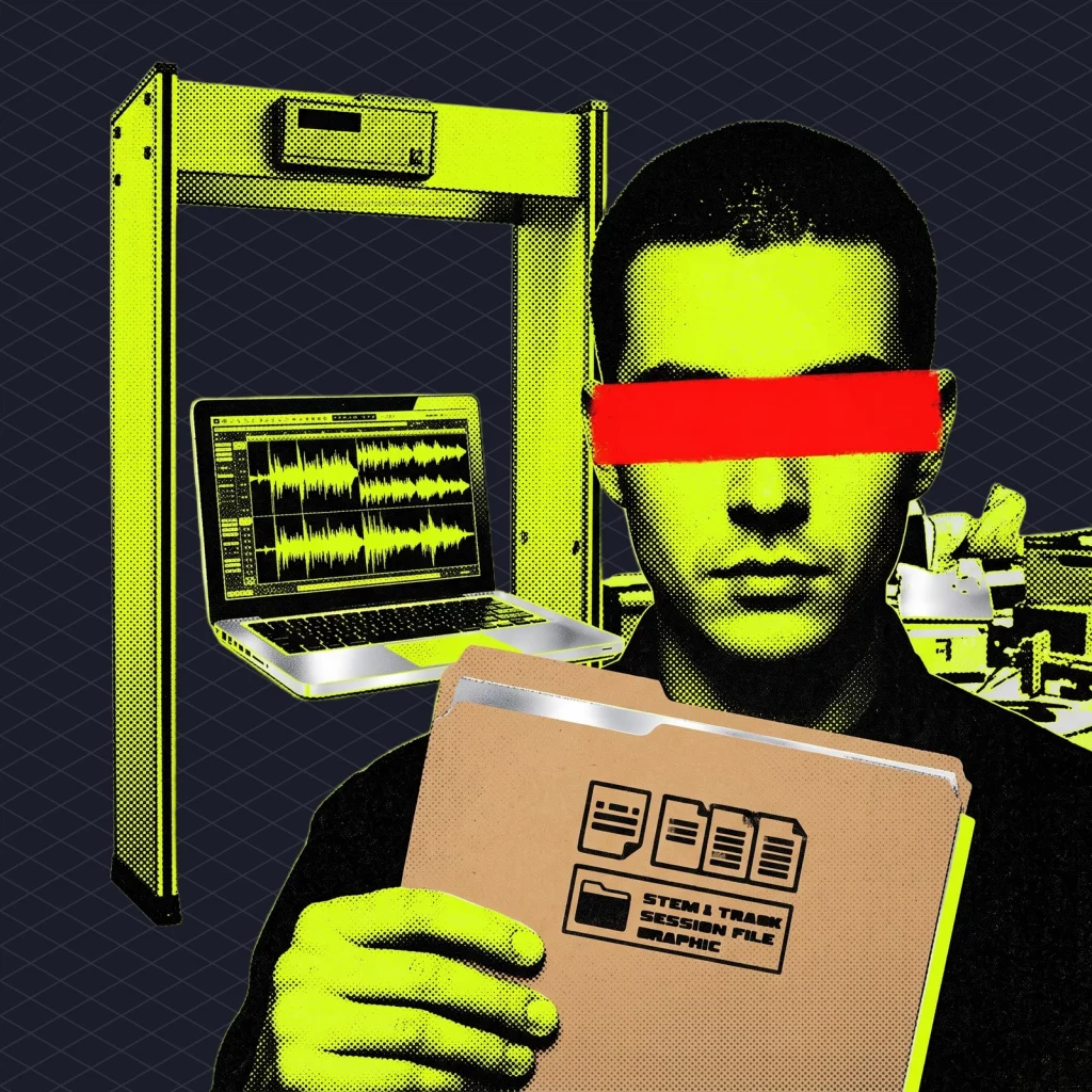 Producer at a home studio desk holding up a folder of stems and session files like a passport at a border checkpoint, while a detector gate scans a laptop playing a track
