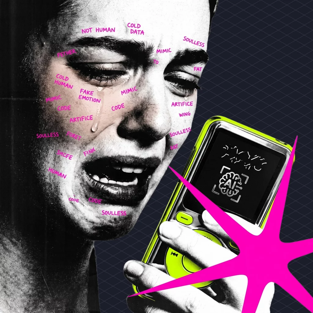 Music player screen with a small AI badge under the song title, and a listener mid-tear who has just noticed the badge