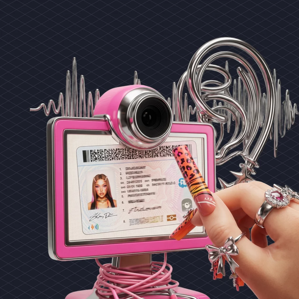 Streamer holding up a printed licence to a webcam like a passport at border control, while a giant robotic ear made of audio waveforms leans in from behind the monitor to inspect it