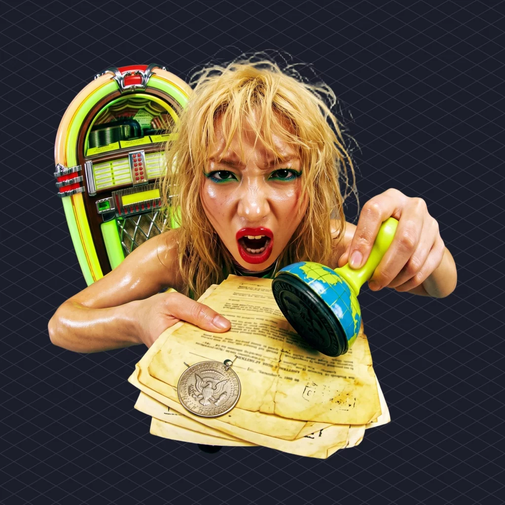 Copyright Termination Rights Go Worldwide After Four Supreme Court Justices Sit Out illustration 2 dark – Mubert Yellowed 1960s publishing contract pinned under a single dollar coin, with a globe-shaped rubber stamp slamming down on it and a jukebox glowing in the background