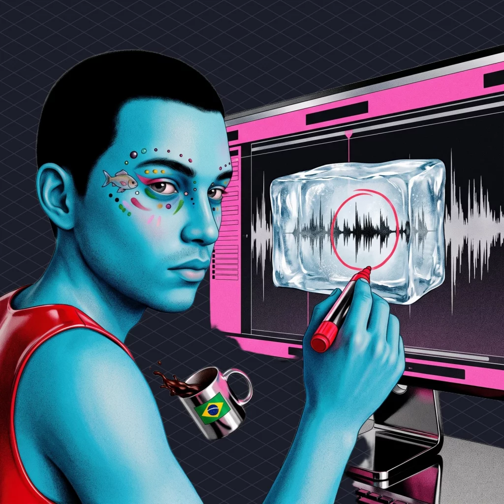 Producer at a studio desk circling a single bar of a song on a huge screen with a red marker while the rest of the track sits frozen in ice, coffee mug tipping over