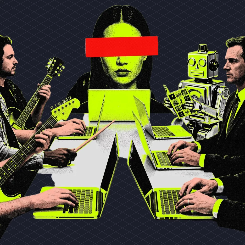Negotiating table split down the middle: musicians with instruments on one side, label executives with laptops on the other, and a robot quietly sitting at the end of the table eating the catalogue