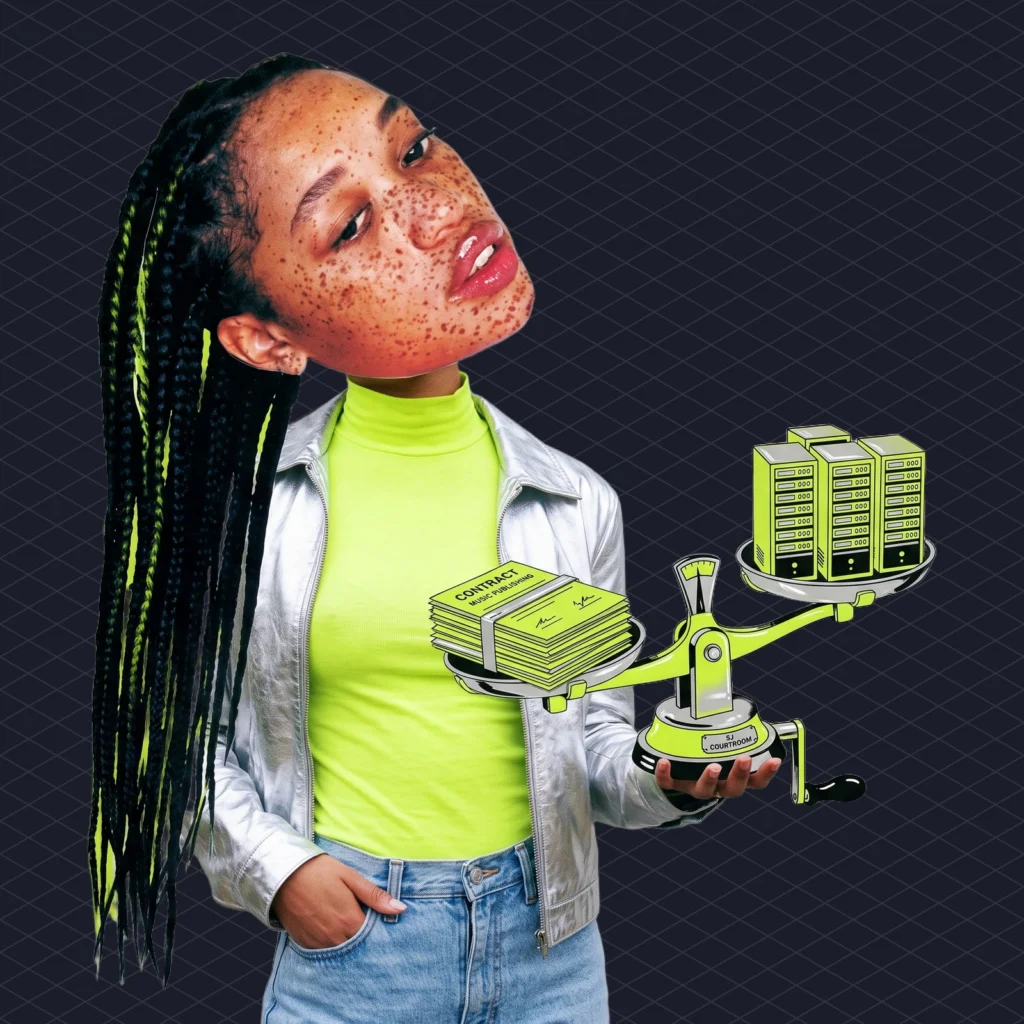 Anthropic Lyrics Lawsuit Reaches Its Fair Use Hearing What the Ruling Could Change for AI Music illustration 2 dark – Mubert Neat stack of music publishing contracts on one side of an old-fashioned balance scale and a server rack on the other, the scale wobbling in a San Jose courtroom
