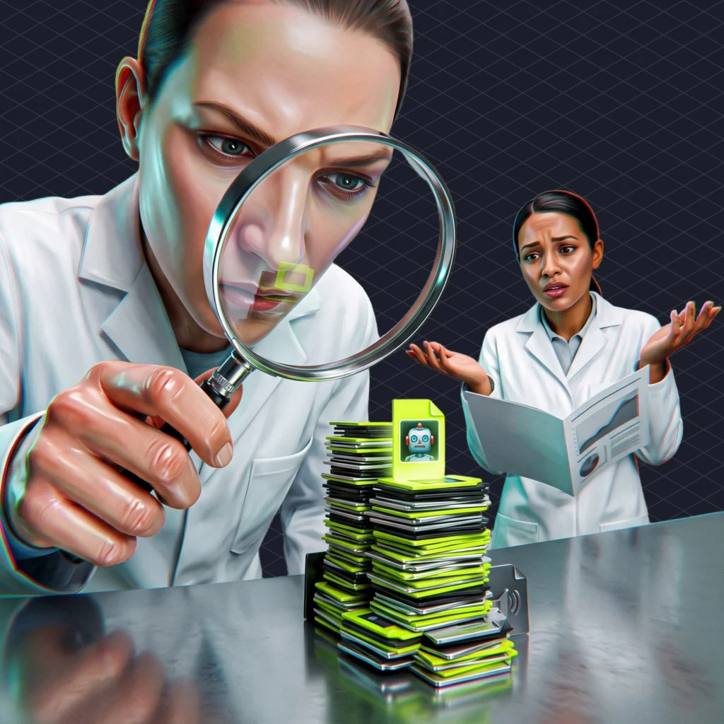 Forensic lab bench where a technician in a white coat studies a huge stack of tiny audio files under a magnifying glass, one glowing with a small robot face, while a second analyst beside her shrugs at a report that says the opposite