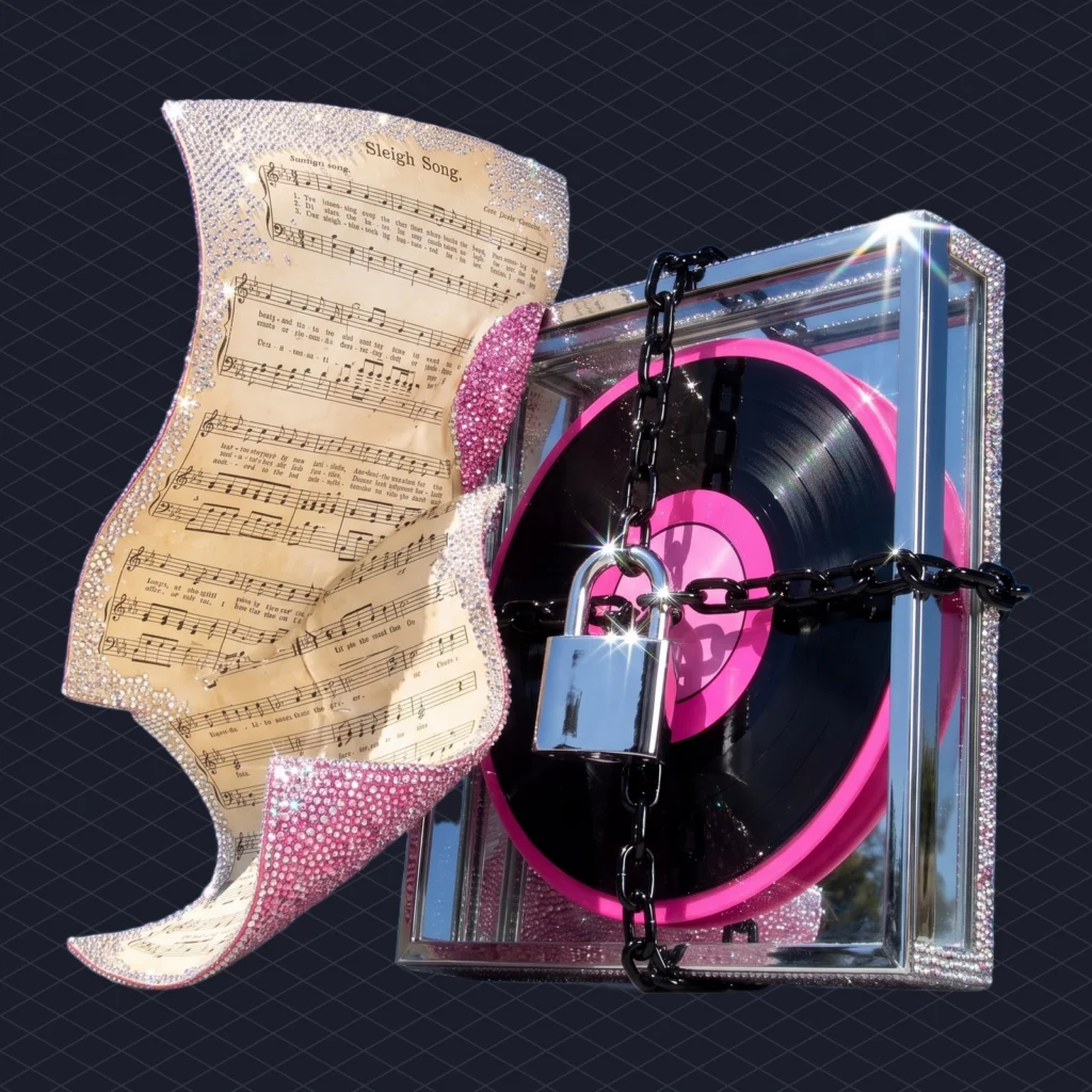 Yellowed 1850s sheet music page for a sleigh song blowing free across the snow, next to a modern vinyl record locked inside a glass display case with a big padlock