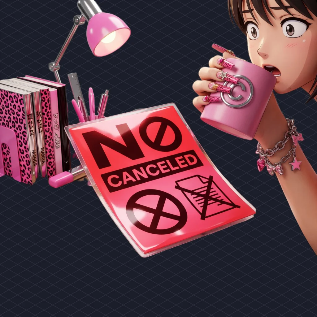 Cozy anime-style study desk where a giant red copyright takedown notice has landed on the homework, the student frozen mid-sip