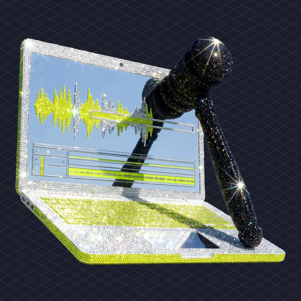 Video creator freezes mid-upload as the shadow of a huge gavel falls across a laptop screen showing an AI-generated song waveform in the editor timeline