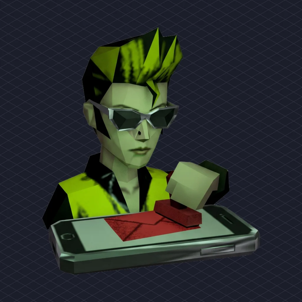 Anthropic Elvis Lawsuit Claude Accused of Learning 274 Presley Songs It Cant Sing illustration 2 dark – Mubert Chatbot on a phone screen wearing an Elvis quiff and sunglasses, frozen mid-pose, as a hand stamps a red'served' envelope onto the screen