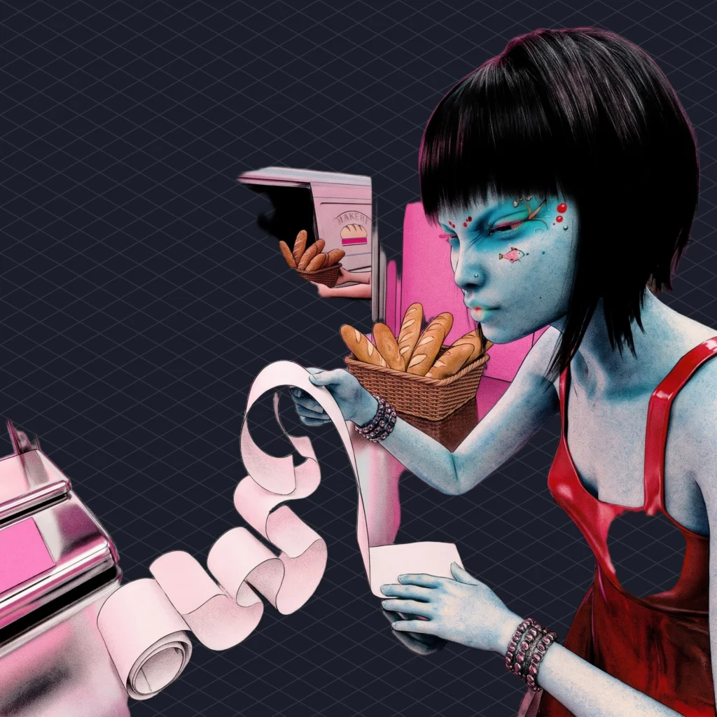 Mozart AI Explained The Music Studio That Swore Off Finished Songs Then Started Finishing Them illustration 2 dark – Mubert Sandwich shop counter where the bread is visibly being delivered by a van from a different bakery, and a customer squints at an extremely long receipt