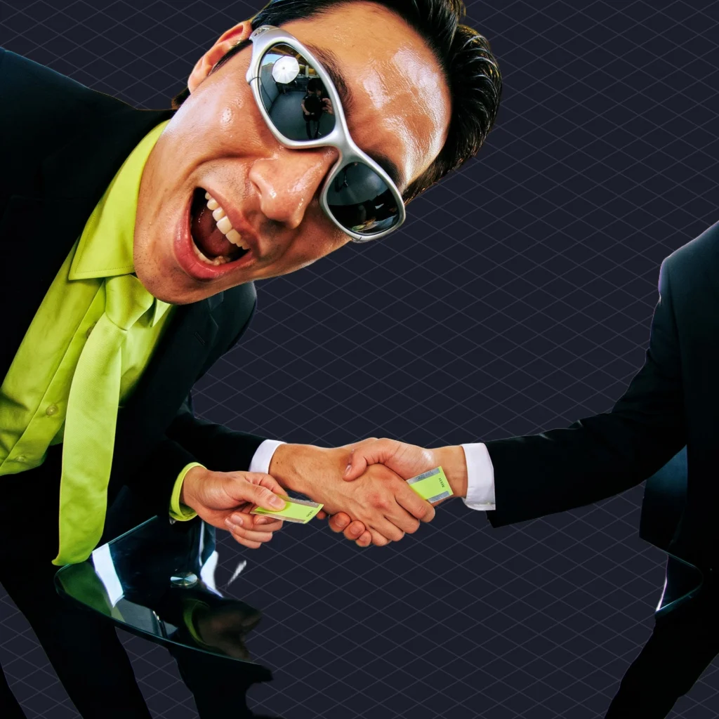 Moises SoundCloud Partnership AI Stem Separation Mixing and Mastering for SoundCloud Tracks Then Straight Back Up illustration 2 dark – Mubert Two business people shaking hands over a desk while each one secretly slips the other a ticket reading two months free, and an accountant in the background stares at a whiteboard where 80 plus 40 equals 150 is circled in red