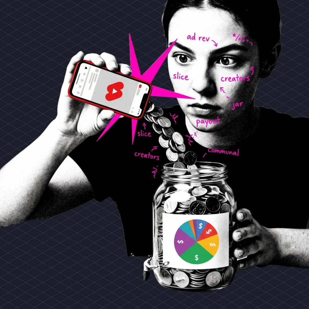 YouTube RPM by Niche and Country What 1000 Views Actually Paid in 2026 illustration 2 dark – Mubert Tiny YouTube Shorts phone pouring coins into a huge shared communal jar labelled with a pie chart, hundreds of creators queuing with teaspoons to take their slice