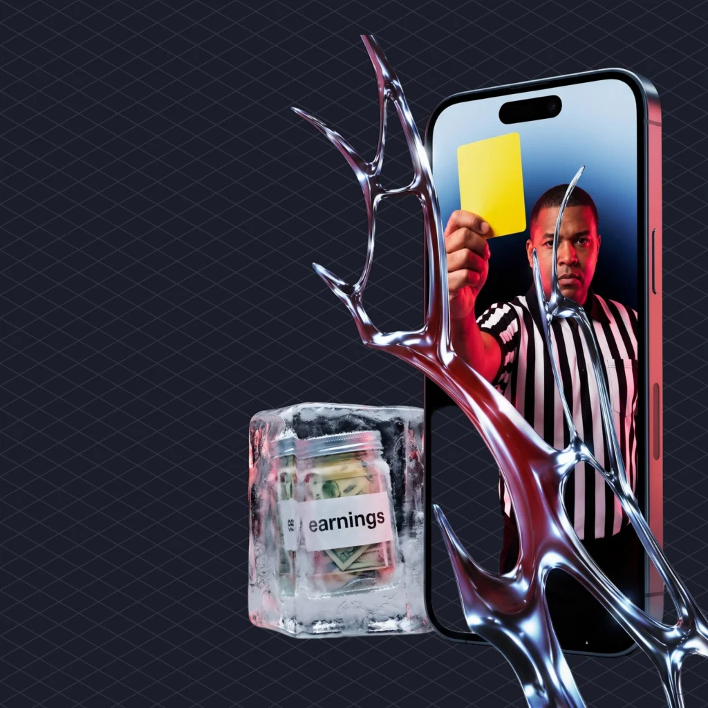 Facebook Monetization The Requirements and the Rate per 1000 Views Meta Wont Tell You illustration 2 dark – Mubert Reel playing on a giant phone screen with a referee holding up a yellow copyright card, while a jar labelled earnings sits frozen in a block of ice beside it