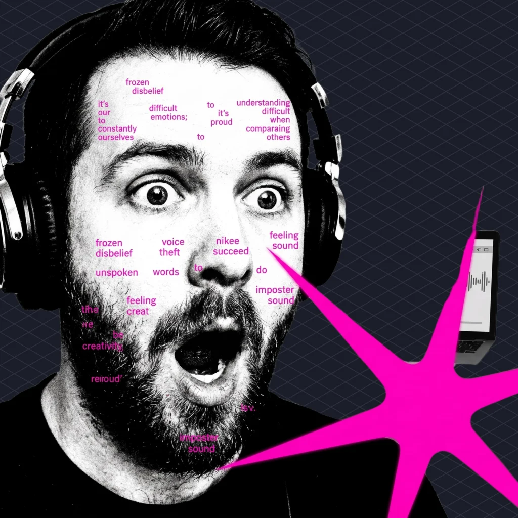 Dessa AI Explained Blocks Voice Model That Learned to Talk Without Ever Reading a Word illustration 2 dark – Mubert Podcaster in a home studio freezing in disbelief as his own voice comes out of a stranger's laptop across the room, saying something he never said
