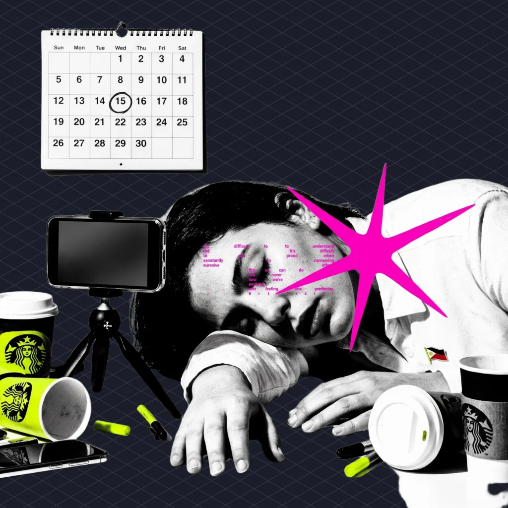 Creator asleep at a desk at midnight surrounded by empty coffee cups and a phone still filming on a tripod, with the 15th of the month circled on a calendar behind them
