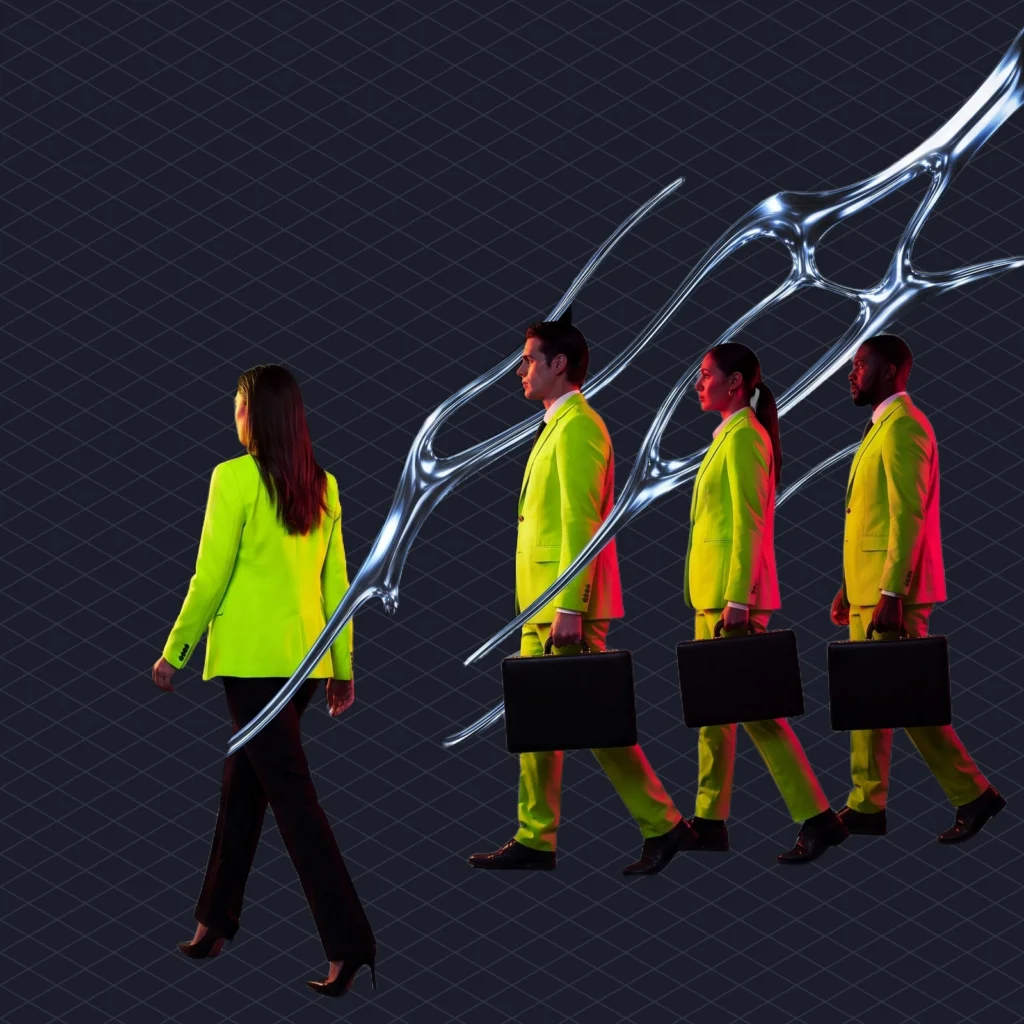 Suno Fair Use Defense Meets a Deposition Labels Can Question the Investor Who Moved Her Listening to Suno illustration 2 dark – Mubert Woman walking away from an endless wall of identical album covers on a streaming screen toward a single glowing AI music app, followed by a line of lawyers carrying briefcases