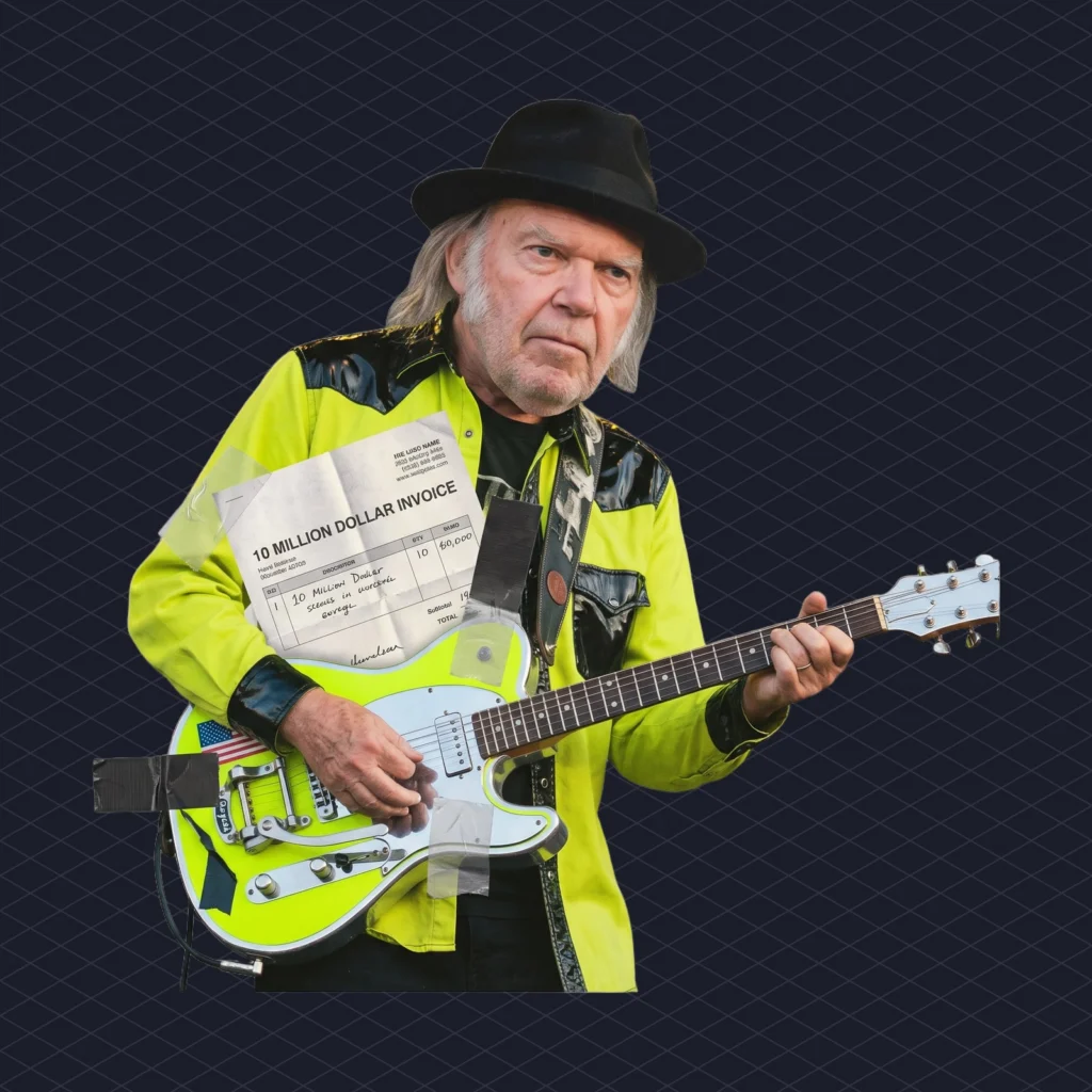 Neil Young Trump Lawsuit Million Over Rockin in the Free World the Same Song as 2020 illustration 2 dark – Mubert Neil Young mid-solo on his electric guitar, a giant 10 million dollar invoice taped across the guitar body