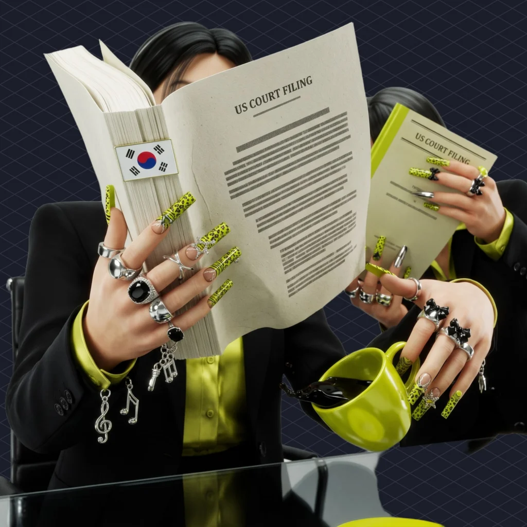 Suno BTS and Psy Songs Gangnam Style Is on the 60202-Track List Labels Say Trained Sunos AI illustration 2 dark – Mubert Korean music executives in an office reading a thick US court filing, one dropping a coffee cup as they find their own artist's name in it