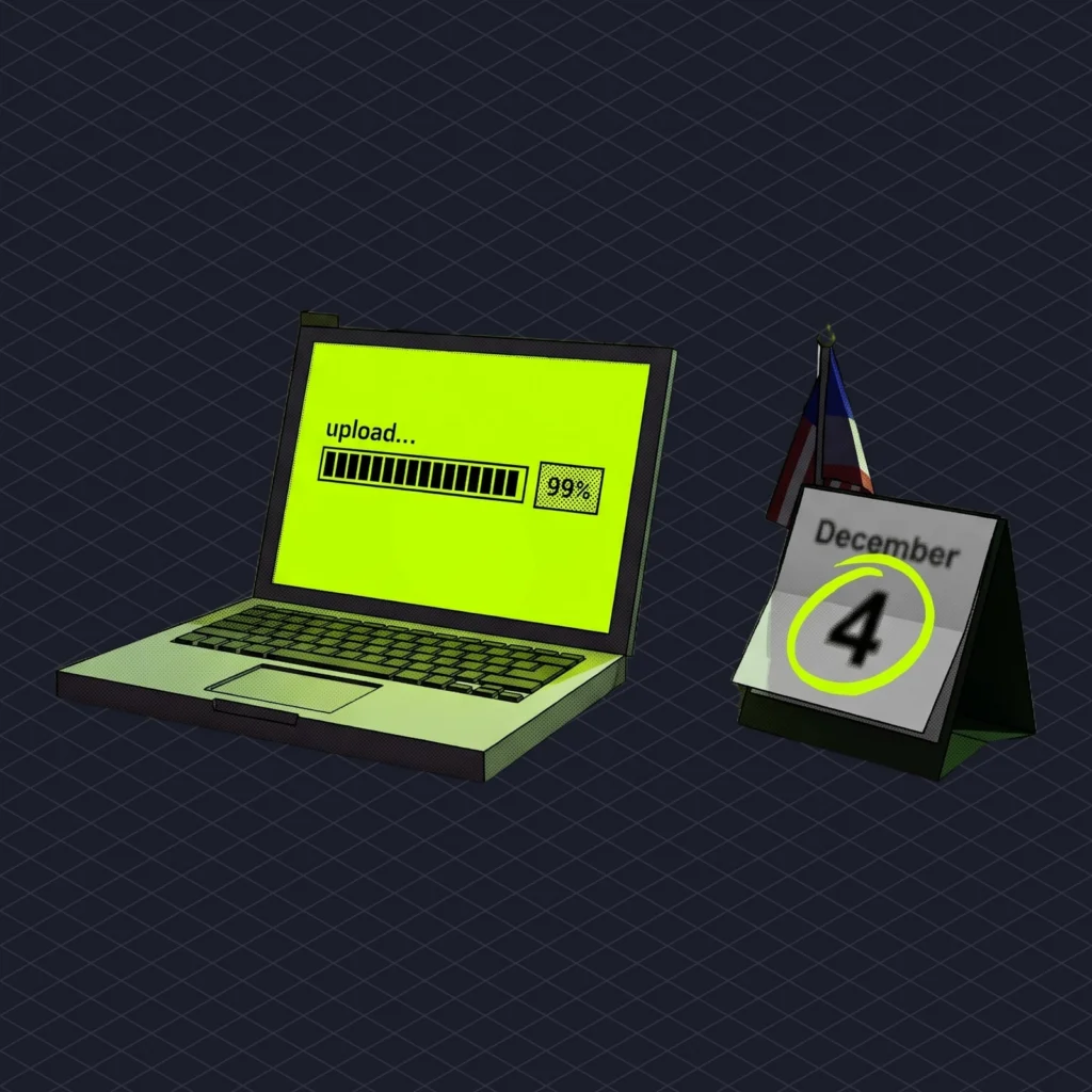 Courtroom where the defendant's table holds a laptop showing an upload progress bar stuck at 99 percent, a judge's calendar circled on December 4