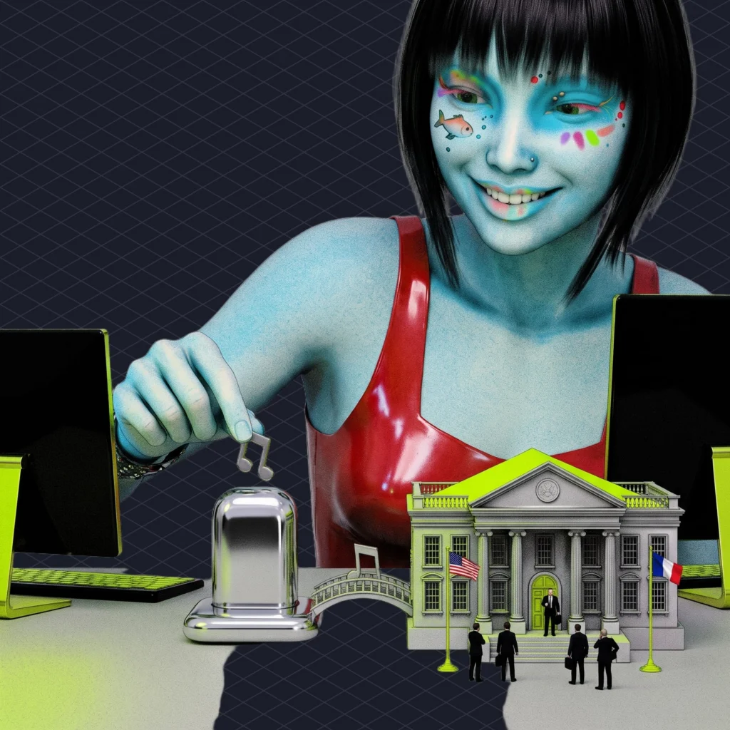 Smiling user handing a song to a chatbot, which passes it straight into a tiny courthouse sitting on the same desk where lawyers in suits are already waiting