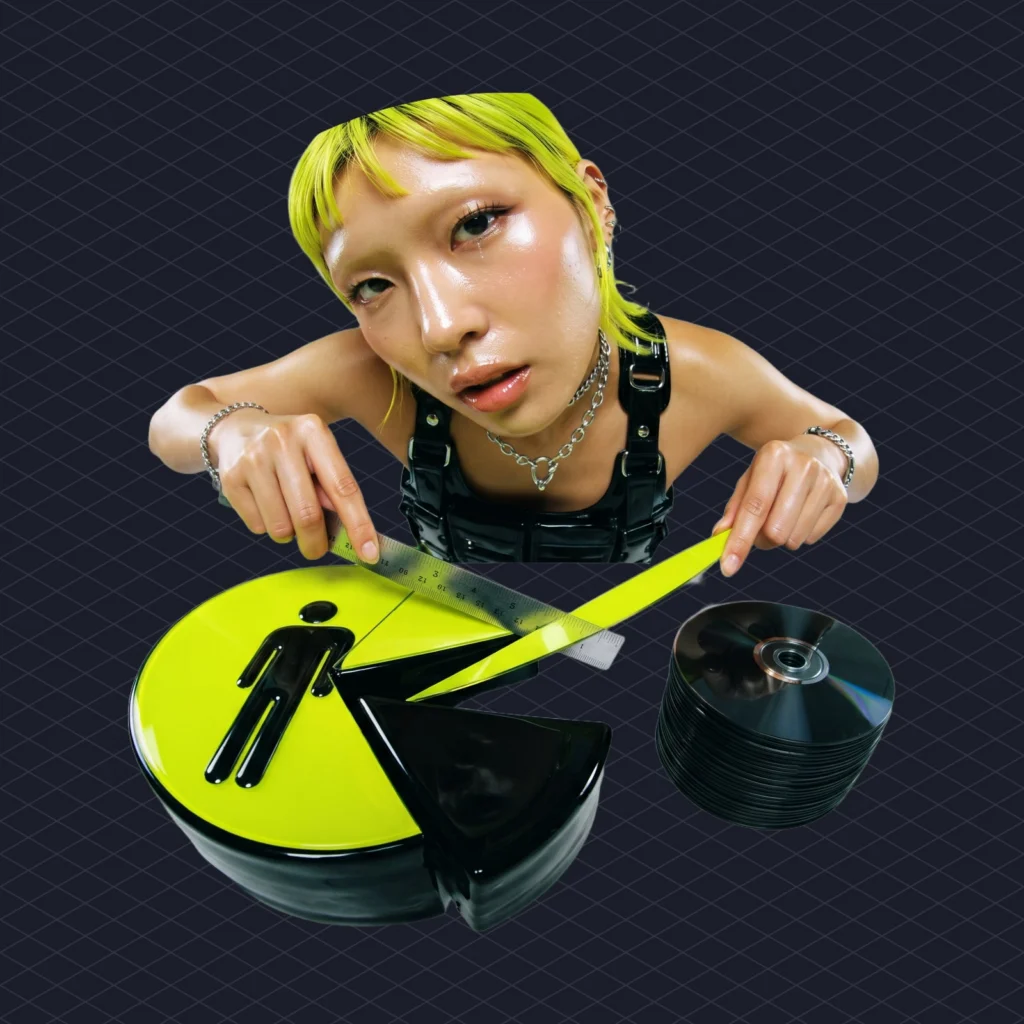 UMG Q3 Earnings €3394 Billion in Revenue and Lucian Grainge Wants AI Slop Paid Less per Stream illustration 2 dark – Mubert Streaming royalty pie being sliced with a ruler, one huge slice labelled with a human silhouette and one thin sliver pushed towards a pile of identical robot-made CDs
