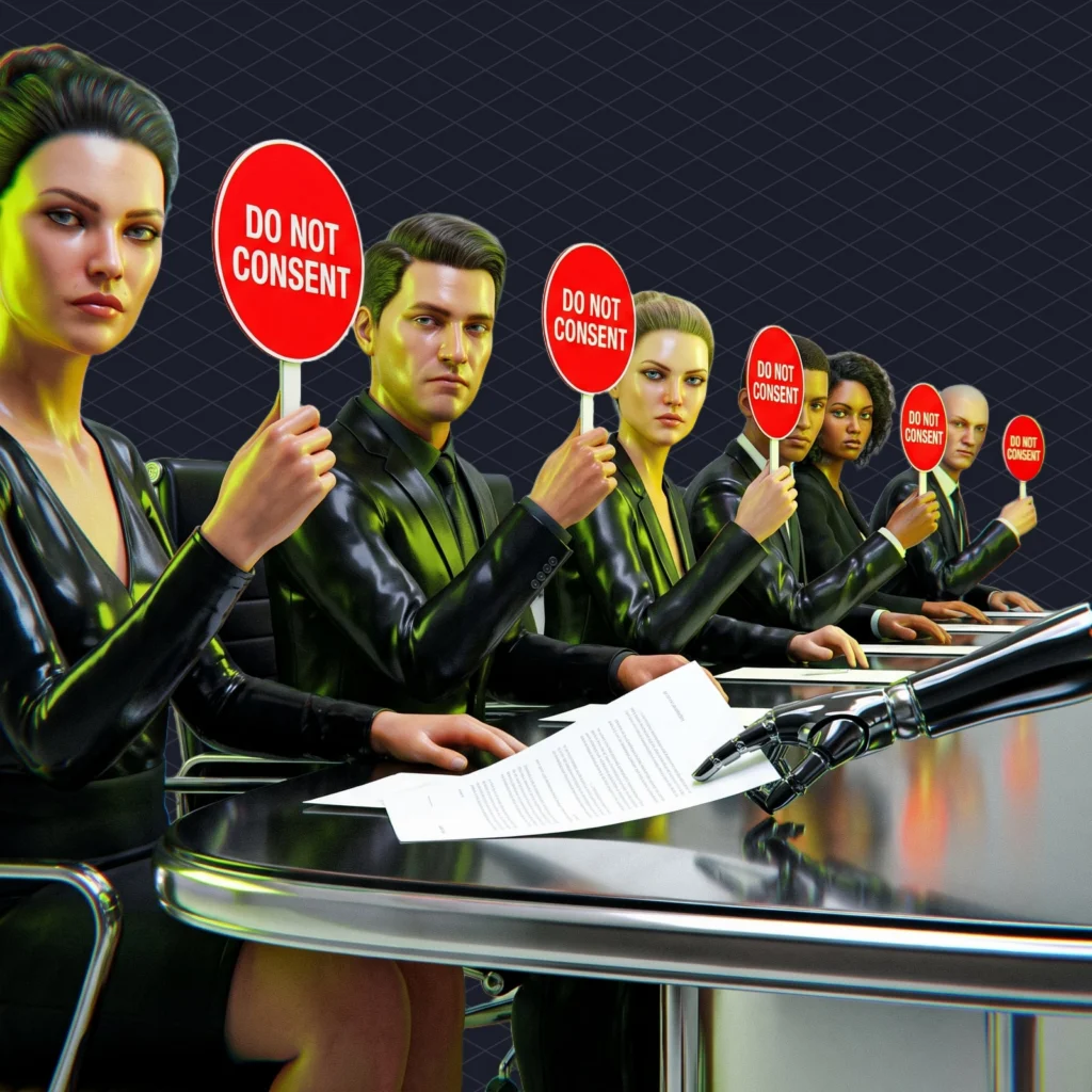 Suno MLC Subpoena The MLC Has Until November 2 to Answer Sunos Demand for Eight Platforms Streaming Data illustration 2 dark – Mubert Row of streaming service executives at a conference table all holding up red do not consent signs at once, while one AI robot slides a subpoena across the table
