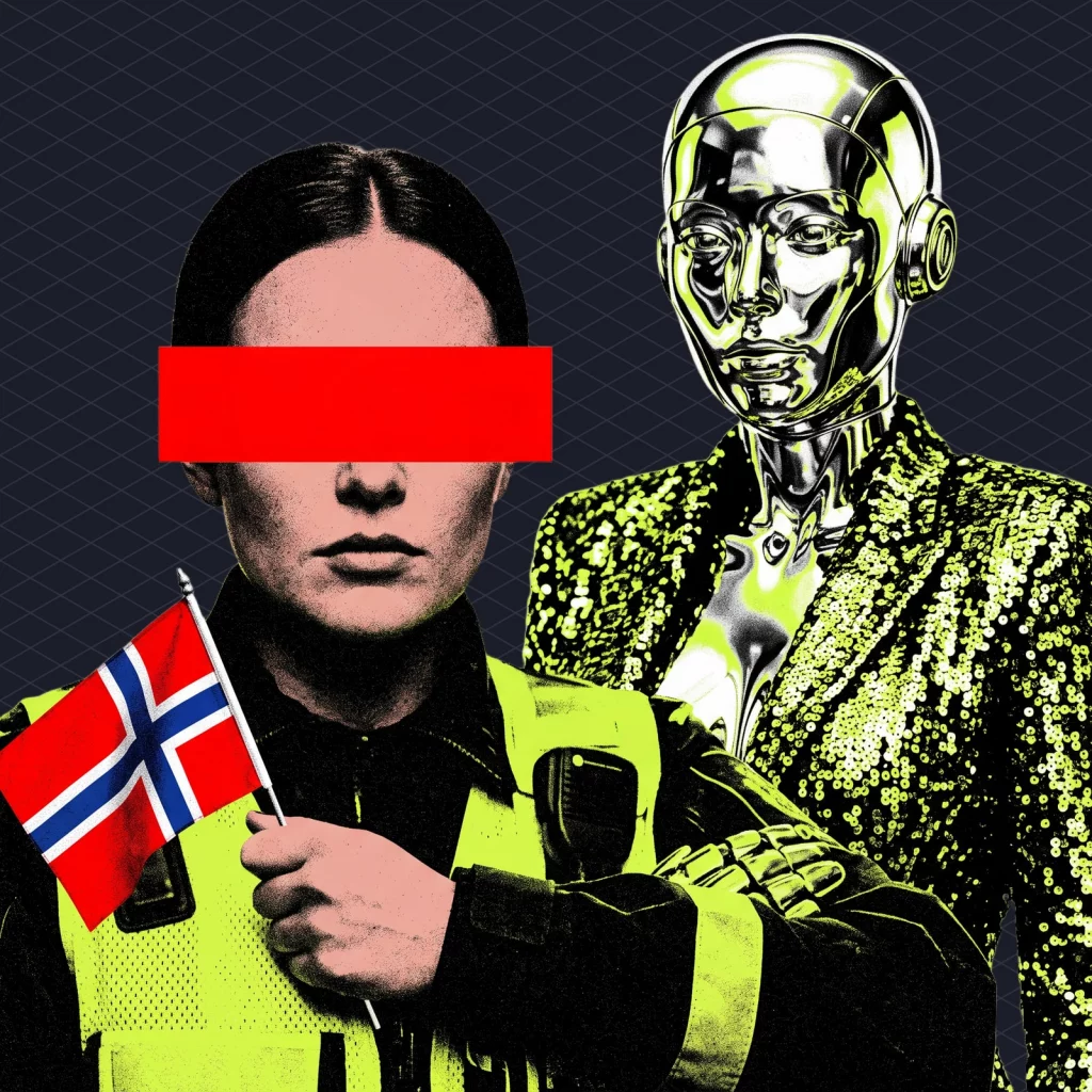 Eurovision AI Songs Sweden Has No Rule Norway Has a Ban and Got 30-50 Anyway illustration 2 dark – Mubert Stage-door guard holding a Norwegian flag and blocking a chrome robot singer in a sequined jacket