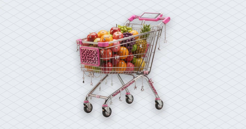Chrome supermarket shopping trolley full of glossy fruit