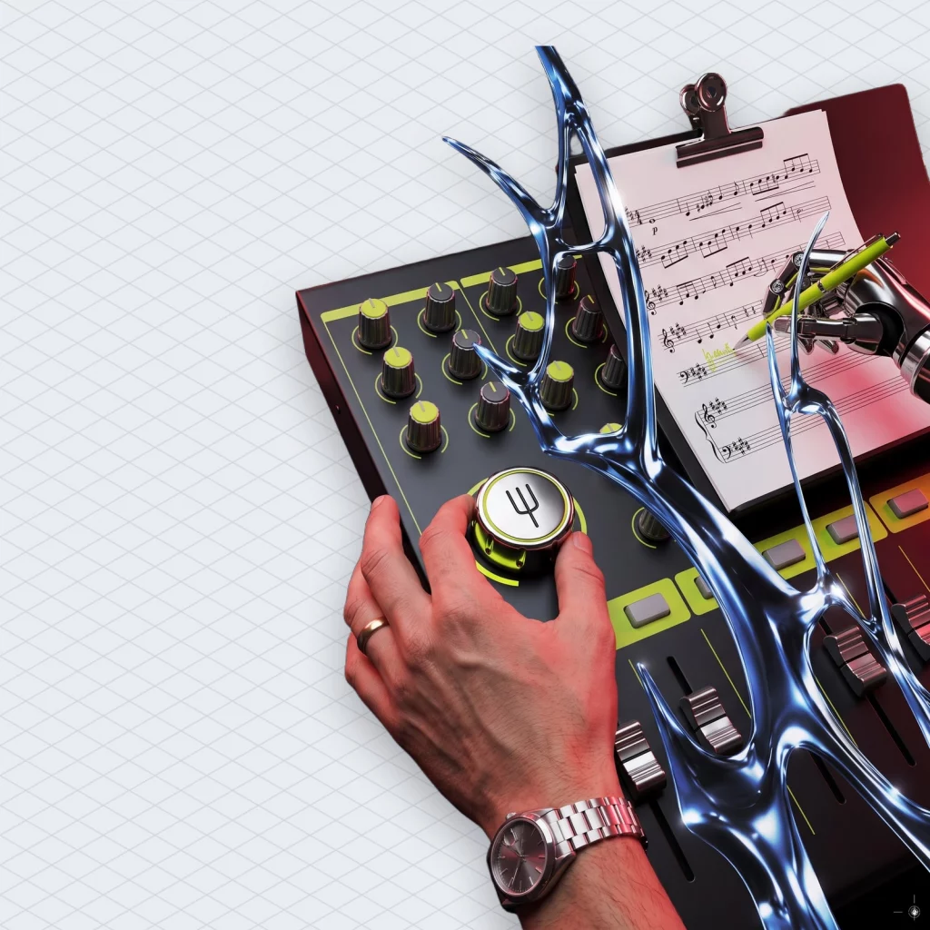 YouTube Music AI Labels Arrive Songs Made Mostly by AI Now Wear a Badge illustration 2 – Mubert Sound engineer happily pressing a pitch-correction knob on a mixing desk while a giant robot arm next to him writes the whole song on sheet music, the engineer not noticing