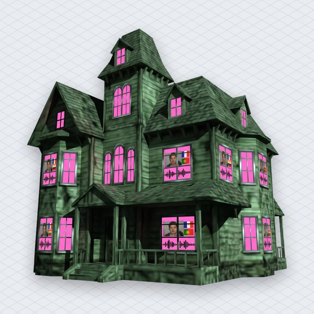 Haunted house with every window showing the same identical video thumbnail and the same audio waveform, as if every house on the street used one track