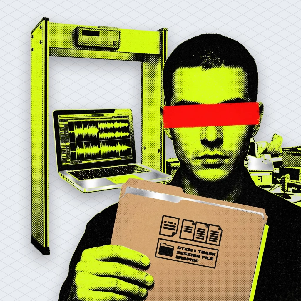 Producer at a home studio desk holding up a folder of stems and session files like a passport at a border checkpoint, while a detector gate scans a laptop playing a track