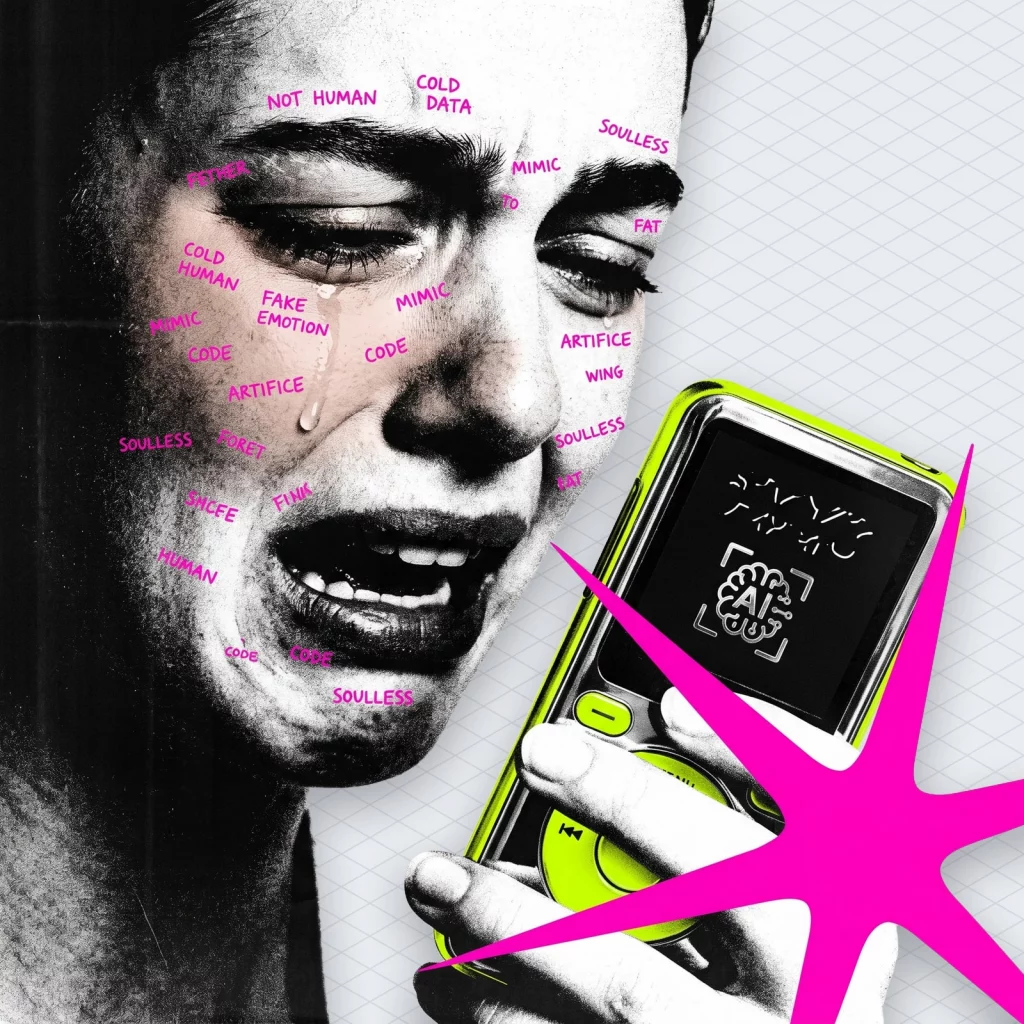 Music player screen with a small AI badge under the song title, and a listener mid-tear who has just noticed the badge