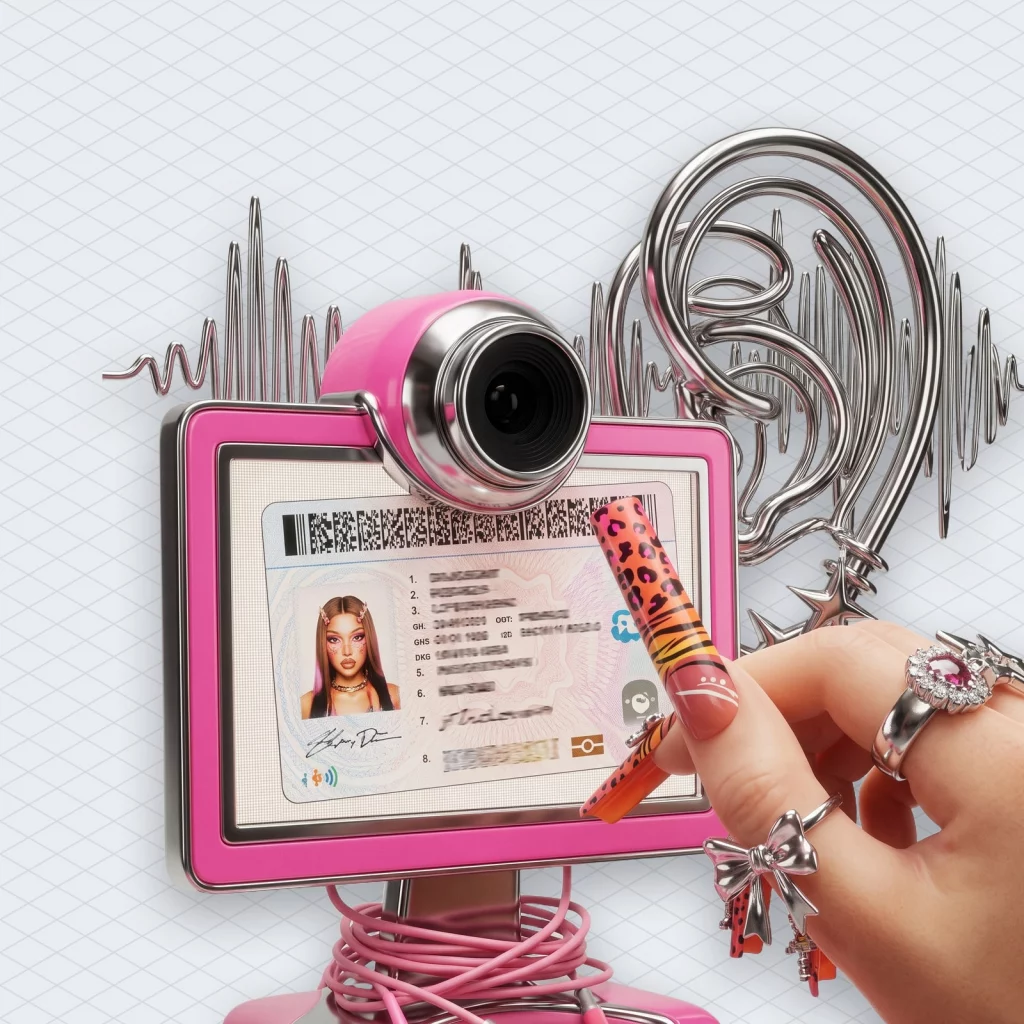 Streamer holding up a printed licence to a webcam like a passport at border control, while a giant robotic ear made of audio waveforms leans in from behind the monitor to inspect it