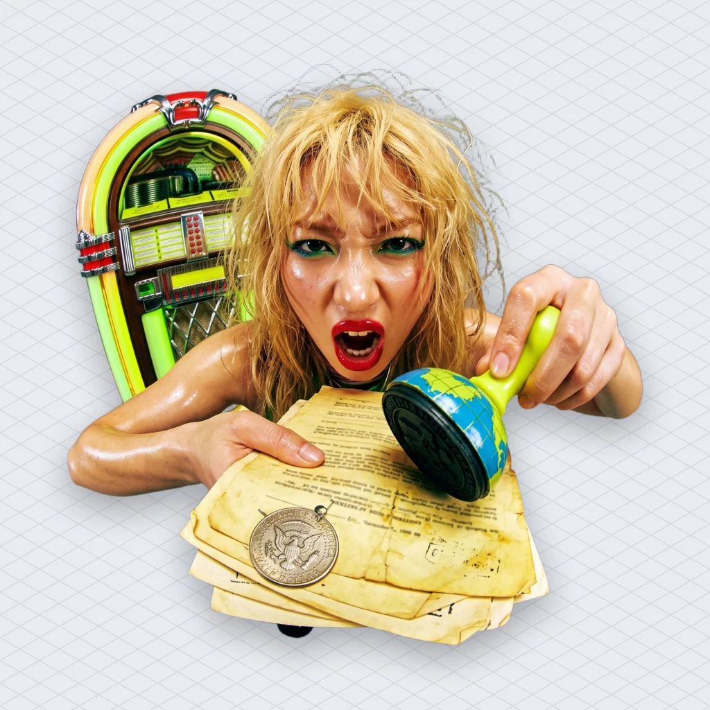 Copyright Termination Rights Go Worldwide After Four Supreme Court Justices Sit Out illustration 2 – Mubert Yellowed 1960s publishing contract pinned under a single dollar coin, with a globe-shaped rubber stamp slamming down on it and a jukebox glowing in the background
