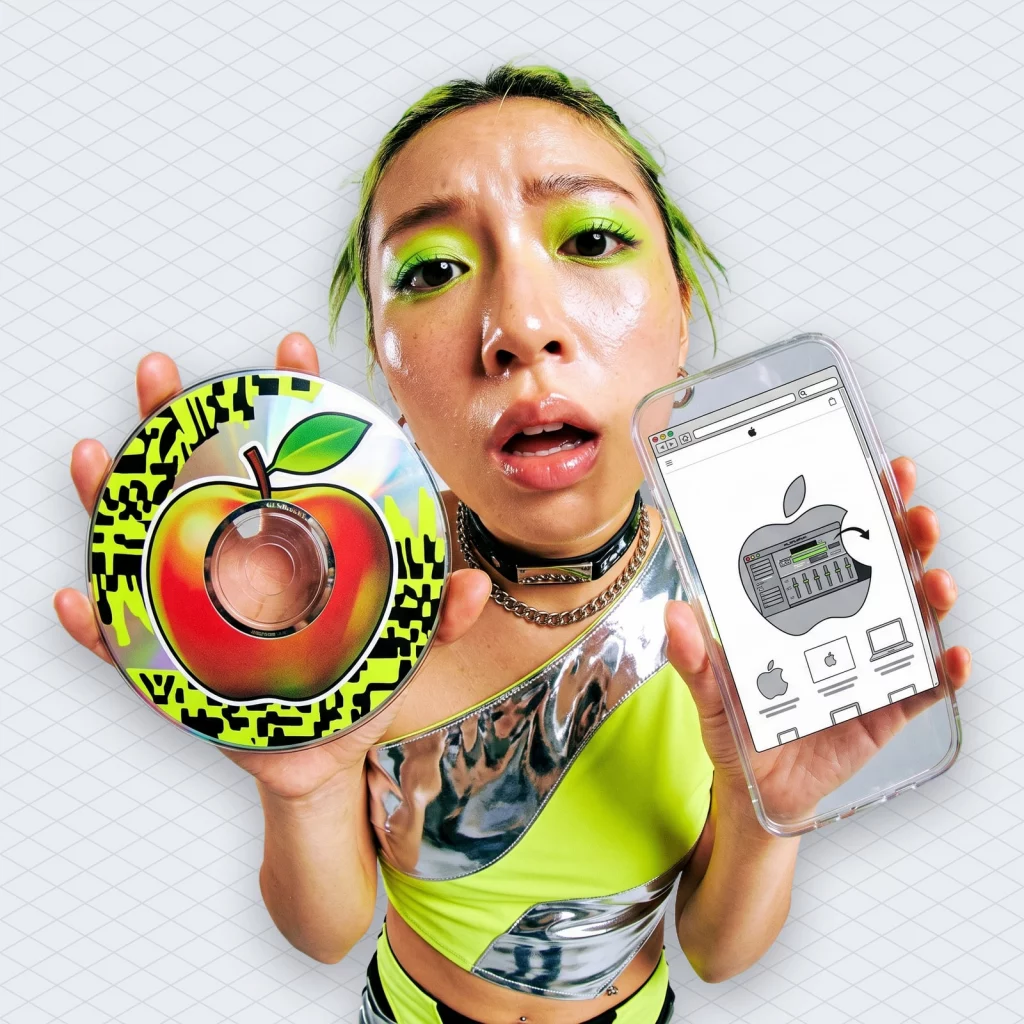 Browser window where a little music-editor website slides into an apple.com page like a trapdoor, a confused musician holding an old plugin installer disc