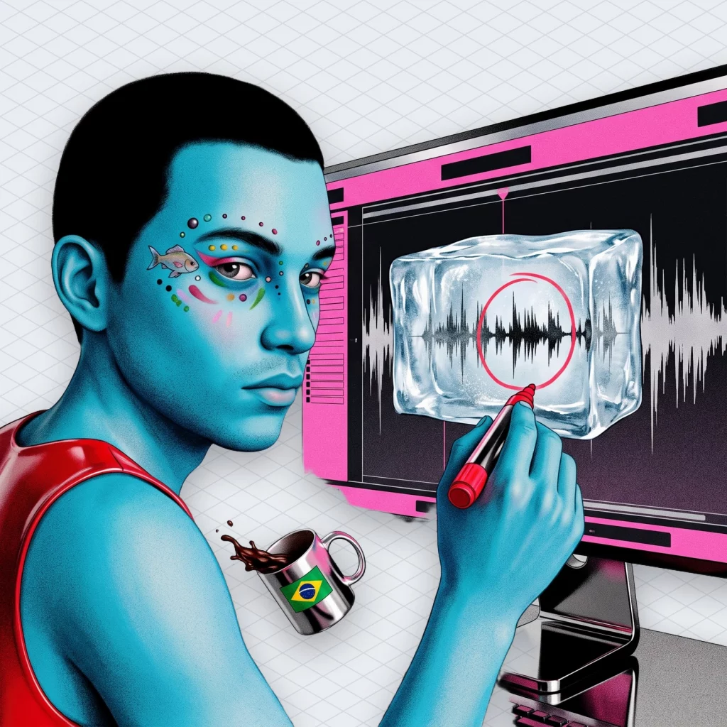 Producer at a studio desk circling a single bar of a song on a huge screen with a red marker while the rest of the track sits frozen in ice, coffee mug tipping over