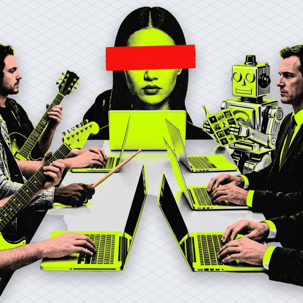 Negotiating table split down the middle: musicians with instruments on one side, label executives with laptops on the other, and a robot quietly sitting at the end of the table eating the catalogue