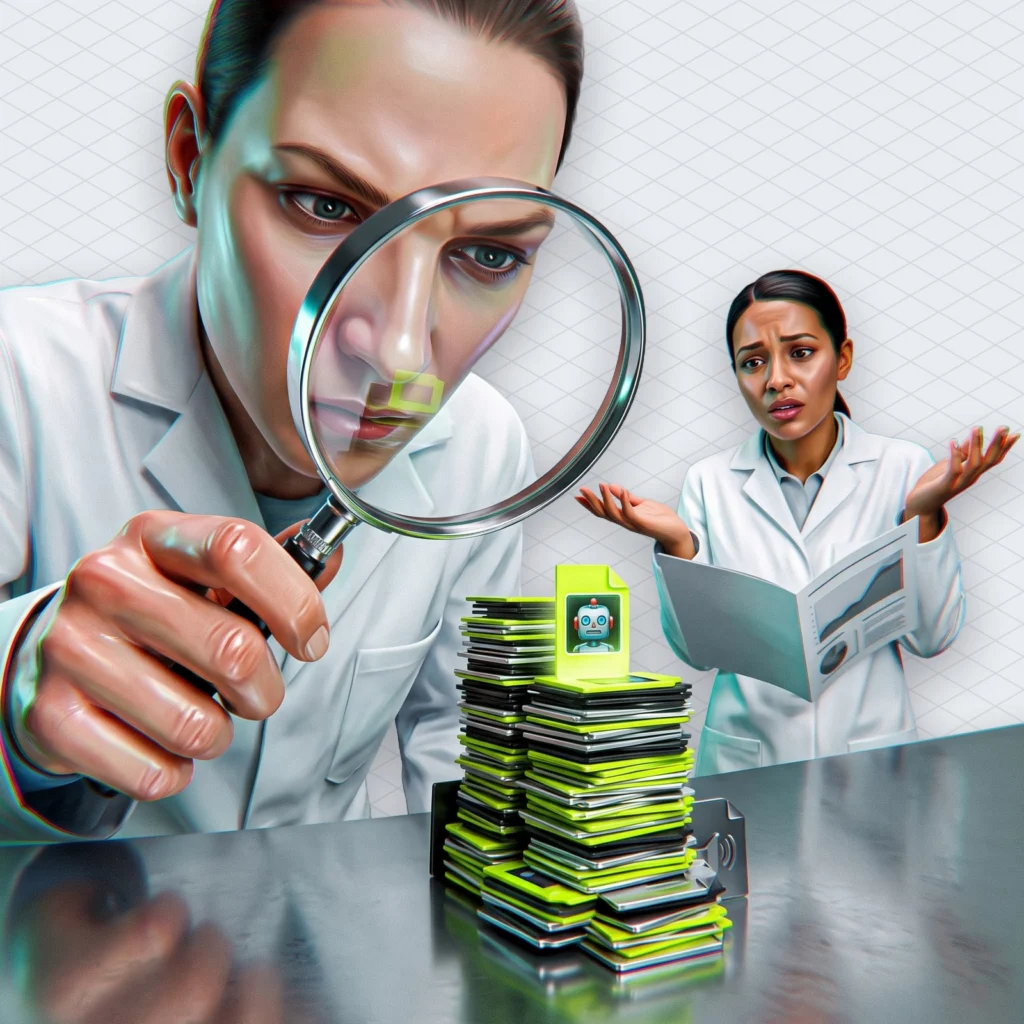 Forensic lab bench where a technician in a white coat studies a huge stack of tiny audio files under a magnifying glass, one glowing with a small robot face, while a second analyst beside her shrugs at a report that says the opposite