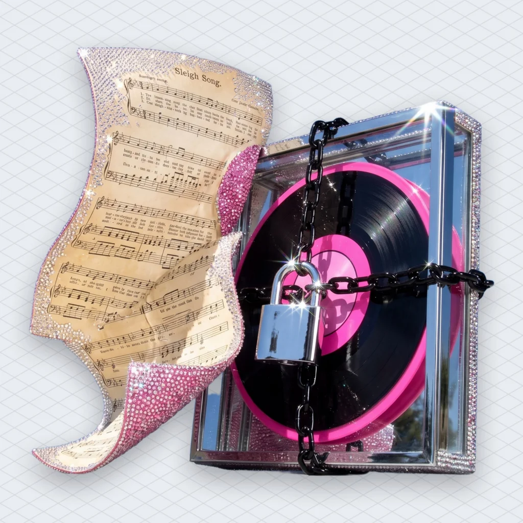 Yellowed 1850s sheet music page for a sleigh song blowing free across the snow, next to a modern vinyl record locked inside a glass display case with a big padlock